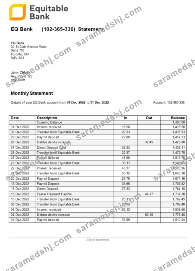 USA Ontario Equitable Bank statement Word and PDF template
